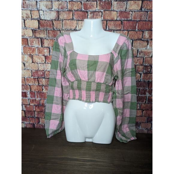 NWT BP Pink & Green Buffalo Check Long Sleeve Crop Top - Picture 3 of 5